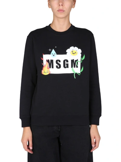 Msgm Sweatshirt With "emoji" Logo Box And Flower Print In Black