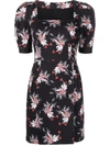 ADAM LIPPES FLORAL PUFF SLEEVE MINI DRESS BLACK AND POPPY RED