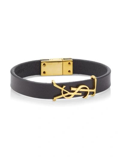 Saint Laurent Leather Ysl Monogram Bracelet, Black/gold In Nero