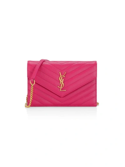 Saint Laurent Small Monogram Matelassé Leather Wallet-on-chain In Fuchsia/gold