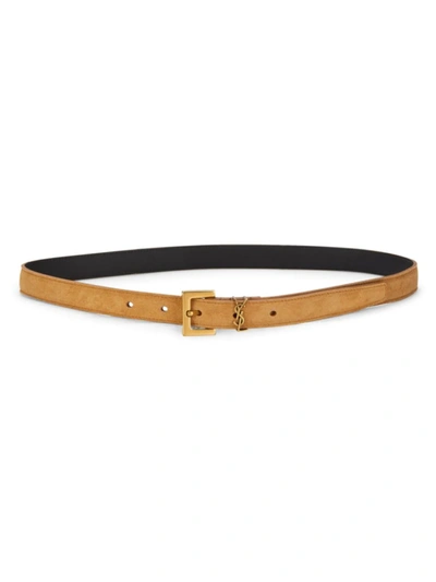 Saint Laurent Logo Skinny Suede Belt In Brown