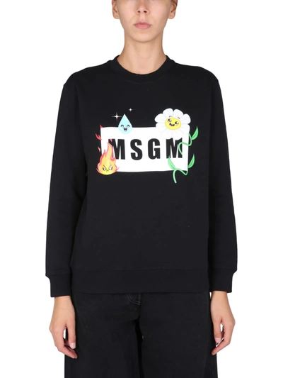 Msgm Sweatshirt With "emoji" Logo Box And Flower Print In Black,white
