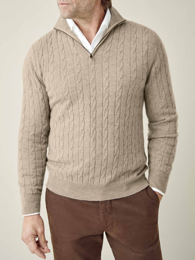 Luca Faloni Camel Beige Pure Cashmere Cable Knit Zip-up