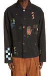 Story Mfg. Short On Time Oversize Embroidered Organic Cotton Jacket In Iron Nice Trip