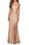 La Femme Cross Back Satin Jersey Trumpet Gown In Brown