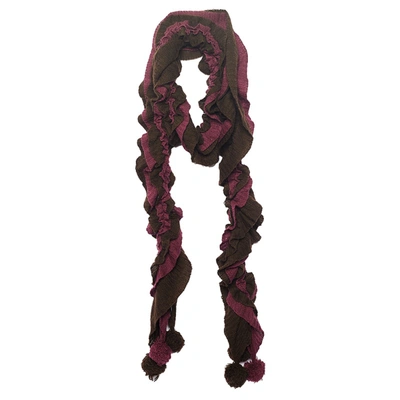Pre-owned Emporio Armani Brown & Magenta Ruffled Pom Pom Detail Wool Stole