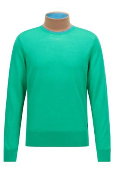 Hugo Boss Virgin Wool Rollneck Sweater With Color Blocking In Light Green