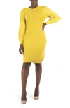 Nina Leonard Pleated Bubble Sleeve Sweater Dress In Mustard