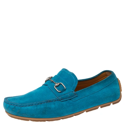 Pre-owned Gucci Blue Suede Horsebit Loafers Size 42.5