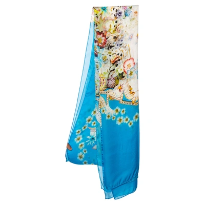 Pre-owned Roberto Cavalli Blue Floral Printed Silk Stole