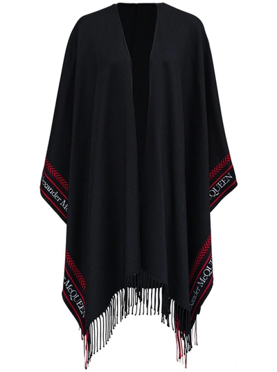 Alexander Mcqueen Selvedge Fringed Wool Cape In Black Red