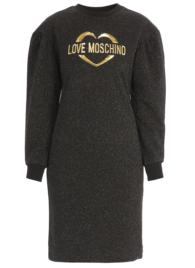 Love Moschino Logo Detailed Puff Sleeved Dress In Black