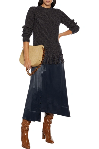 Max Mara Femme Fringed Marled Ribbed Wool And Cashmere-blend Sweater In Midnight Blue