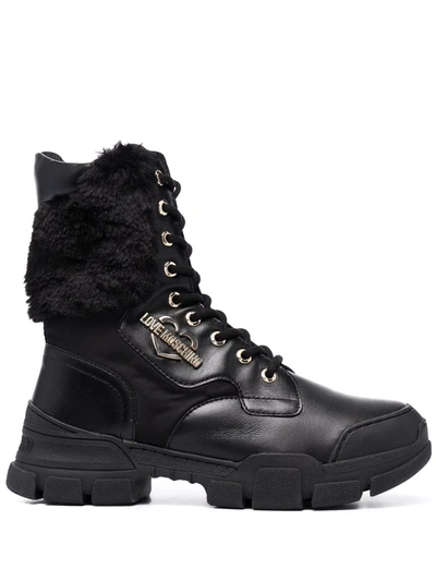 Love Moschino Fur Panel Lace-up Boots In Black