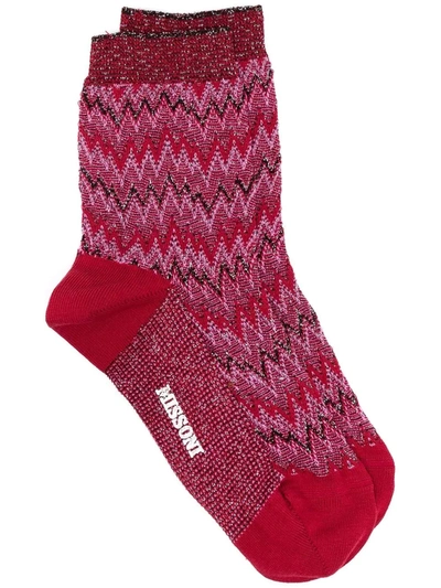 M Missoni Zigzag-knit Metallic Socks In Red