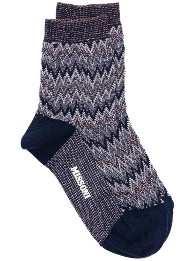 M Missoni Zigzag-knit Metallic Socks In Blue