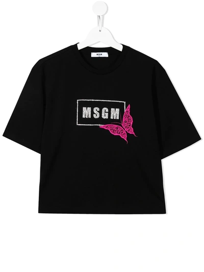 Msgm Teen Butterfly-embroidered Short-sleeve T-shirt In Black