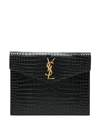 Saint Laurent Uptown Medium Ysl Monogram Croc-embossed Pouch Bag In Nero