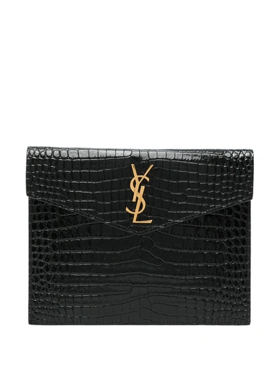Saint Laurent Uptown Medium Ysl Monogram Croc-embossed Pouch Bag In Black
