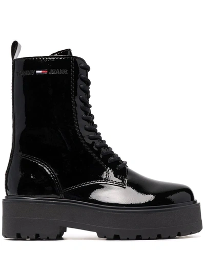 Tommy Jeans Patent Lace-up Boots In Black