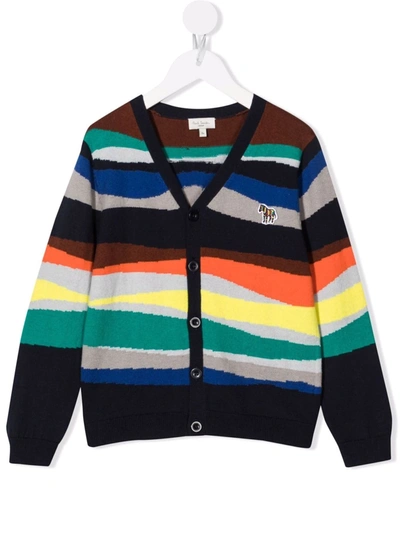 Paul Smith Junior Kids' Striped Cotton & Cashmere Knit Cardigan In Yellow