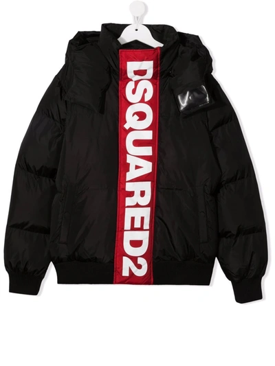 Dsquared2 Kids' Logo Print Hooded Nylon Puffer Jacket In Black