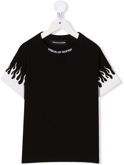 Vision Of Super Kids' Flame Sleeve T-shirt In Black