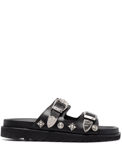 Toga Virilis Metal-plaque Two-strap Leather Sandals In Black