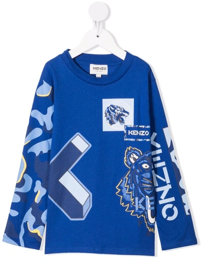 Kenzo Kids' All-over Logo Print T-shirt In Blue