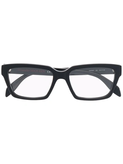 Alexander Mcqueen Logo Print Square Frame Glasses In Black