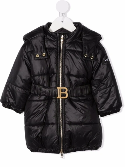 Balmain Babies' Belted Padded Coat In Black