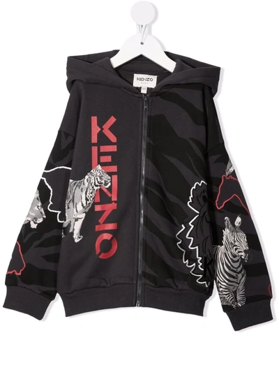 Kenzo Kids' Logo-print Zip-up Hoodie In Black