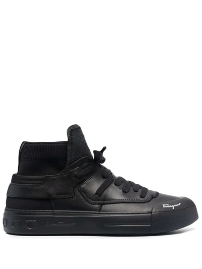 Ferragamo High-top Leather Sneakers In Black
