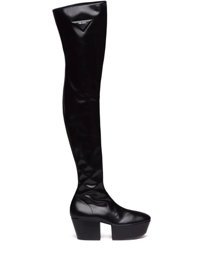 Prada Stretch Napa Over-the Knee Platform Boots In Black