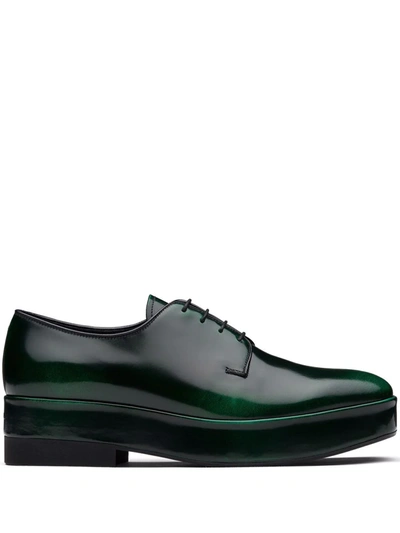 Prada Square-toe Flatform Derby Shoes In Green