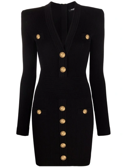 Balmain Short Knitted Dress With Gold Buttons In Black