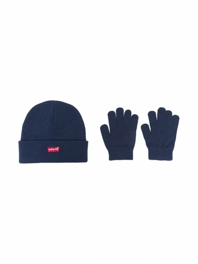Levi's Kids' Logo-embroidered Beanie And Gloves In Blue