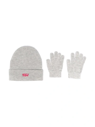 Levi's Kids' Logo刺绣套头帽和手套 In Grey