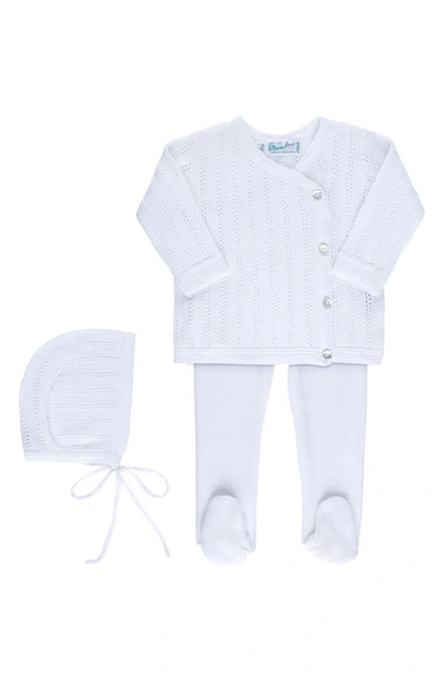 Feltman Brothers Babies' Pointelle Knit Sweater, Footed Pants & Bonnet Set In White