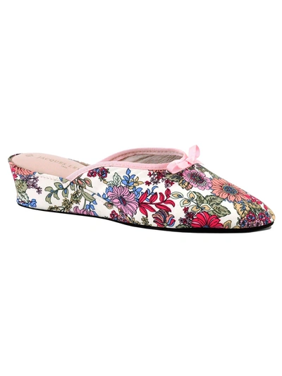 Jacques Levine Floral Bow Wedge Slippers In White