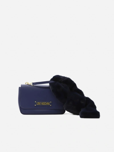 Love Moschino Bag With Logo Lettering And Eco-fur Detail In Blue