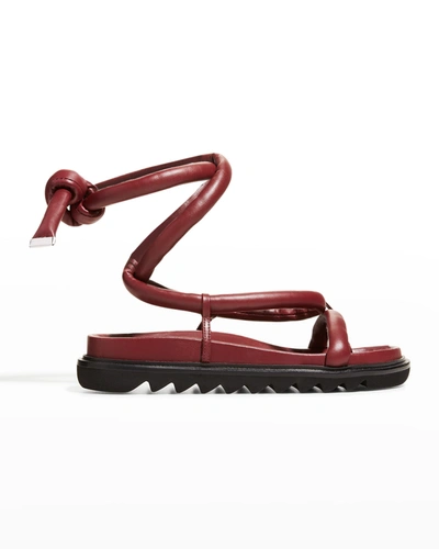 Studio Amelia Tubular Leather Ankle-tie Flat Sandals, Black In Bordeaux