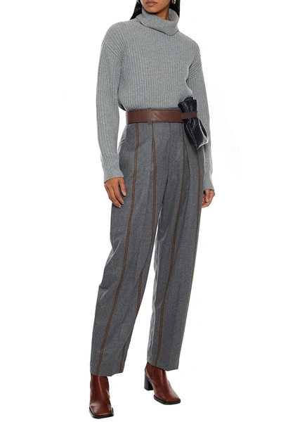 Brunello Cucinelli Pleated Striped Wool-felt Straight-leg Trousers In Dark Grey