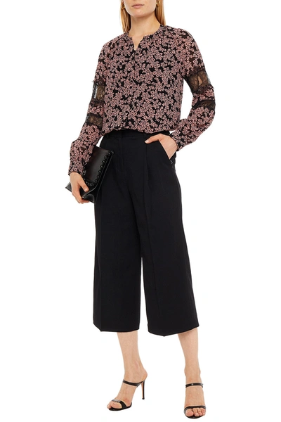 Michael Michael Kors Lace-trimmed Floral-print Georgette Blouse In Black