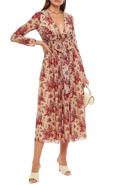Red Valentino Pleated Floral-print Georgette Midi Dress In Brown