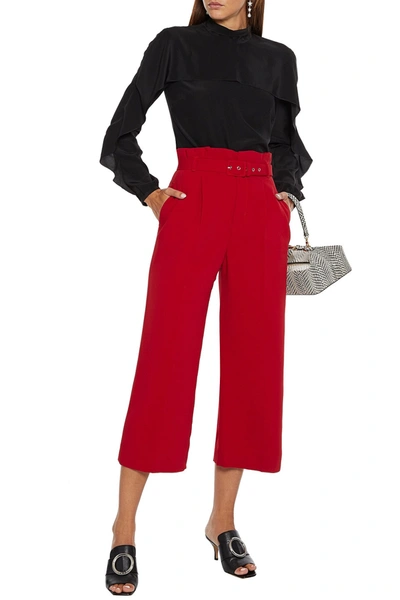 Red Valentino Cropped Belted Crepe Straight-leg Trousers In Crimson