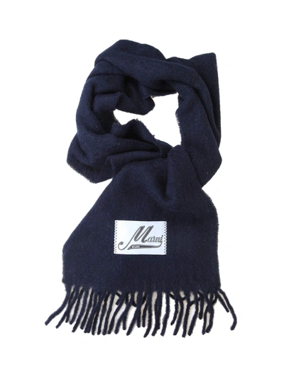 Marni Logo Patch Fringed Scarf In Navy