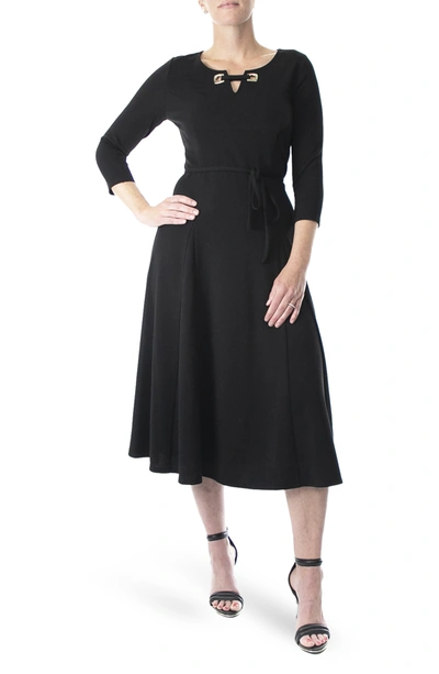 Nina Leonard Sylvia Grommet Split Neck Tea Dress In Black