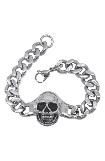 Adornia White Rhodium Plated Stainless Steel Curb Chain Skull Pendant Bracelet In Silver
