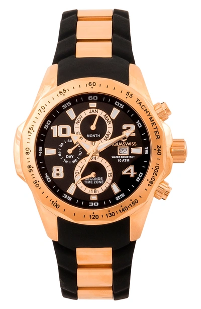 Aquaswiss Trax Ii Silicone Strap Watch, 43mm X 53mm In Black/ Rosegold